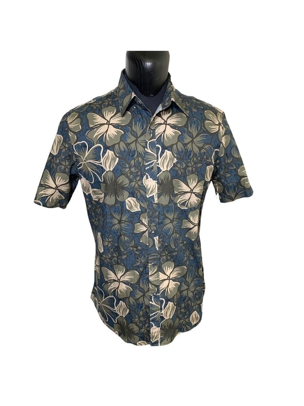Hudson North Tropical Floral Blue Tan Casual Button Up Shirt Short Sleeves L